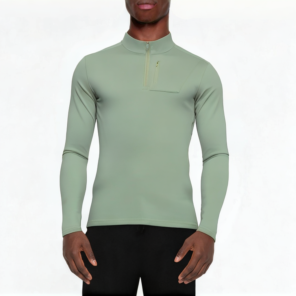 Green slim fit stand collar men's 1/4 zip sweatshirt