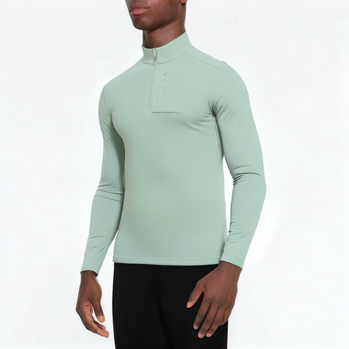 Green slim fit stand collar men's 1/4 zip sweatshirt