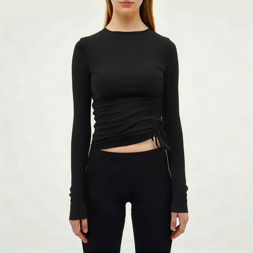 Black pleated women's skinny long sleeve T-shirt