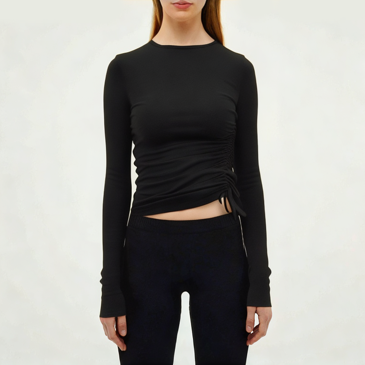 Black pleated women's skinny long sleeve T-shirt