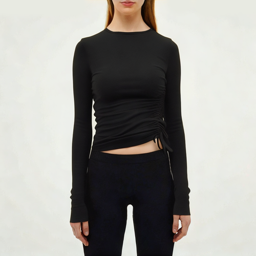 Black pleated women's skinny long sleeve T-shirt