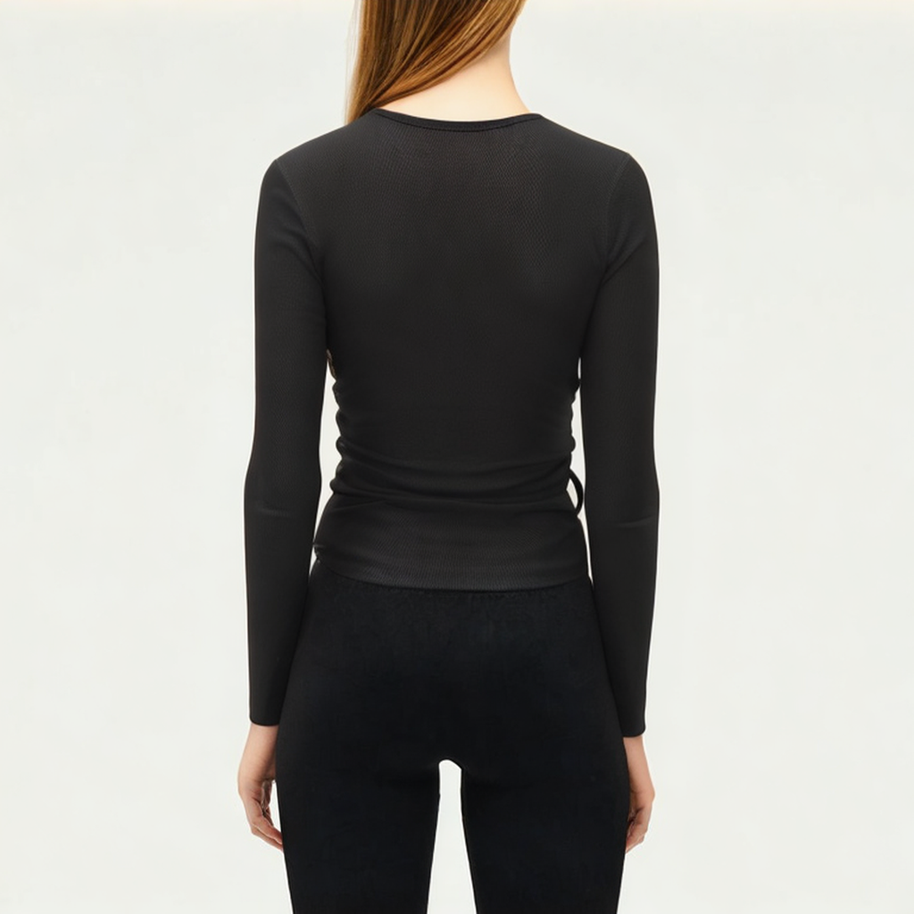 Black pleated women's skinny long sleeve T-shirt
