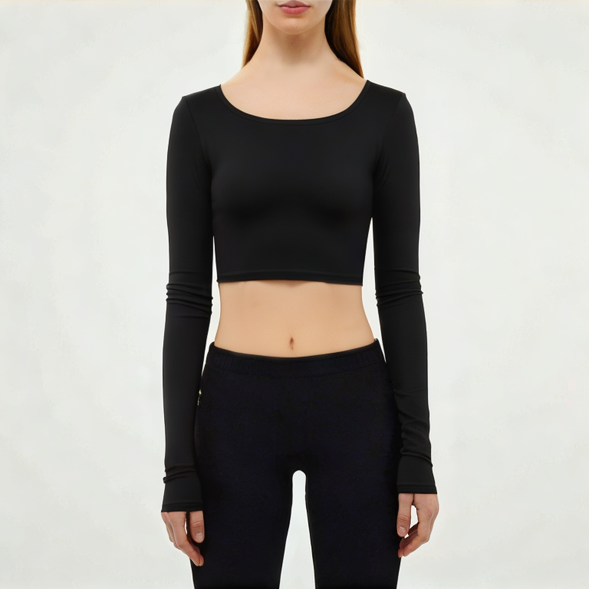 Black crew neck women's tight long sleeve T-shirt