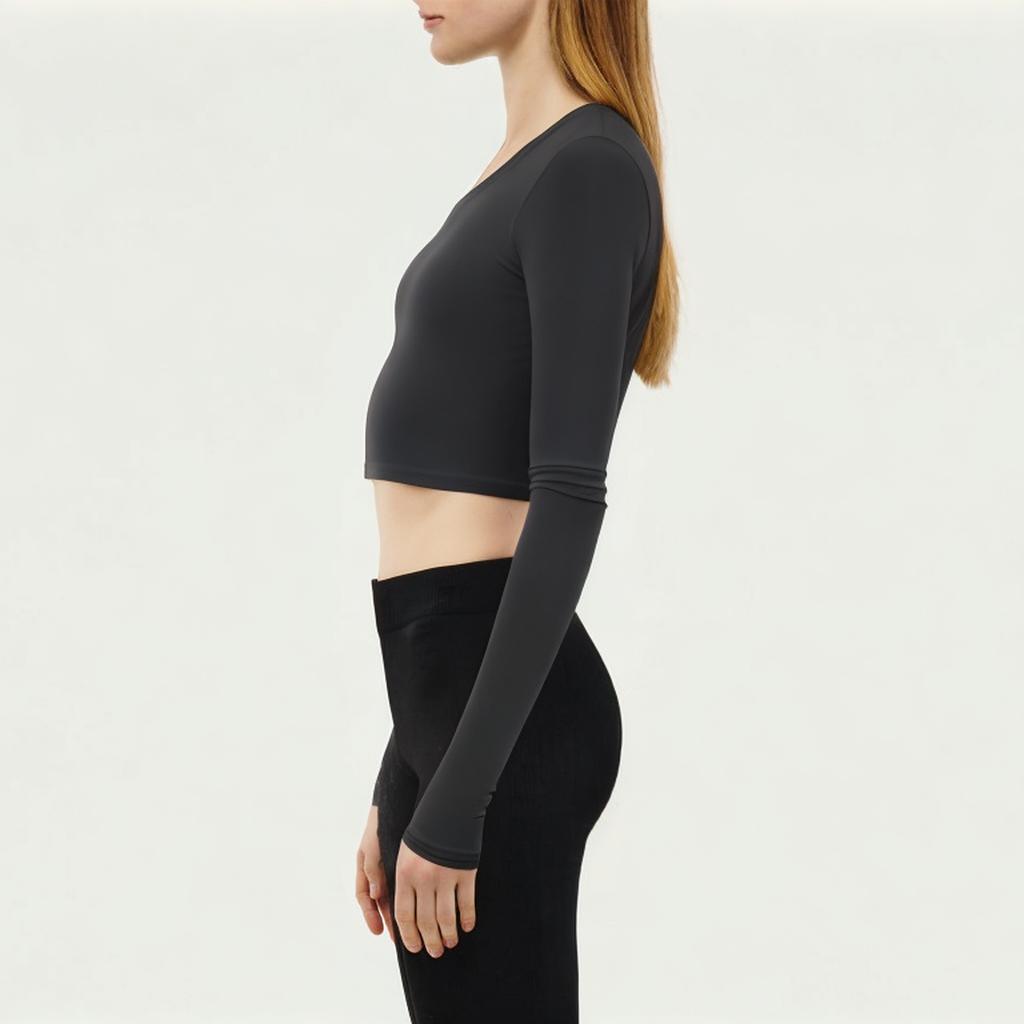 Black crew neck women's tight long sleeve T-shirt