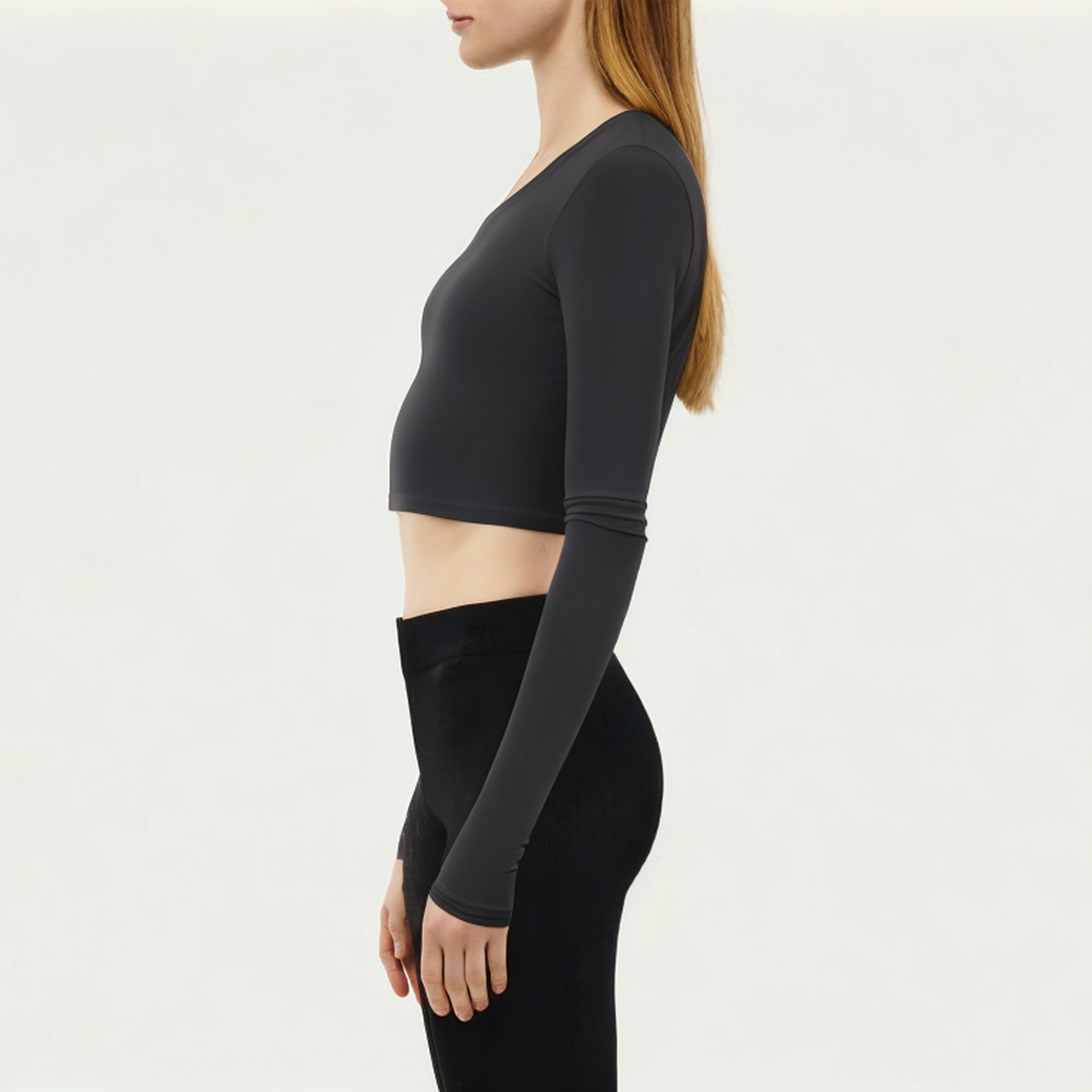 Black crew neck women's tight long sleeve T-shirt