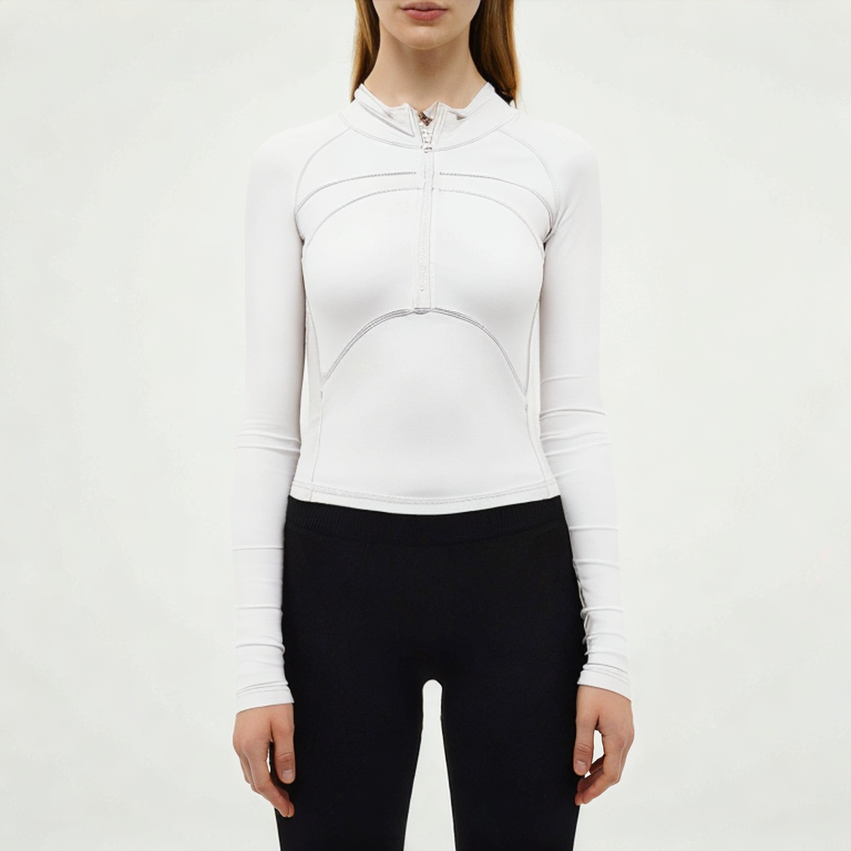 White 1/2 zip women's tight long sleeve T-shirt