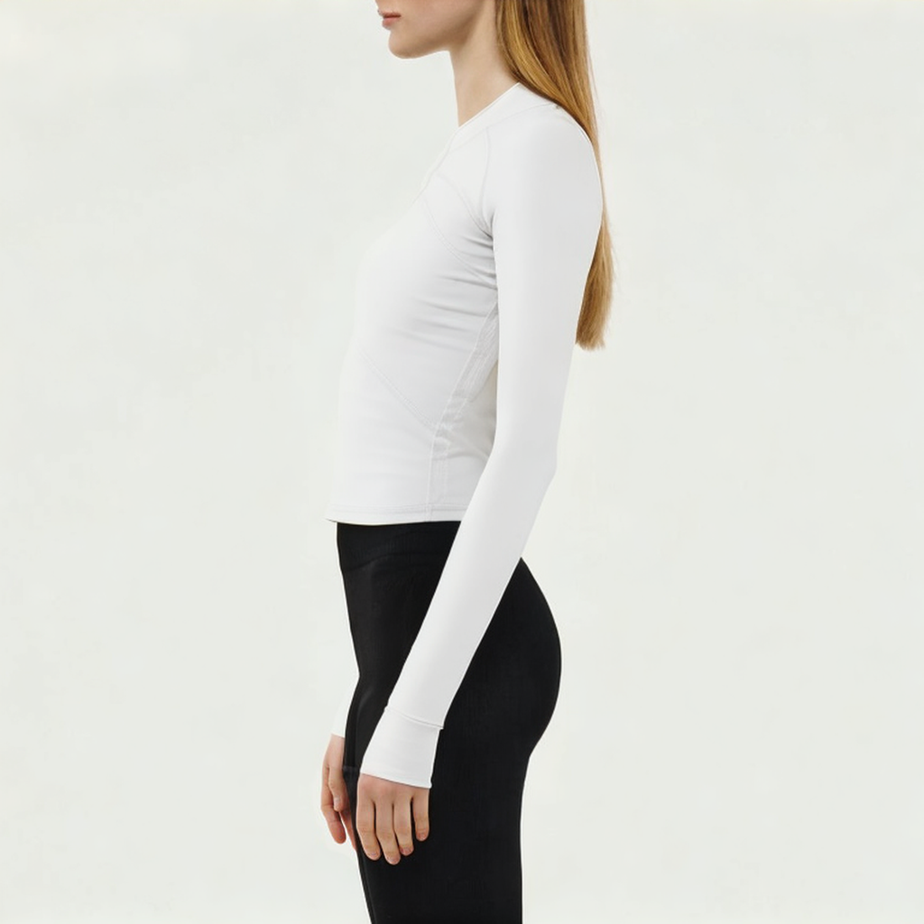 White 1/2 zip women's tight long sleeve T-shirt