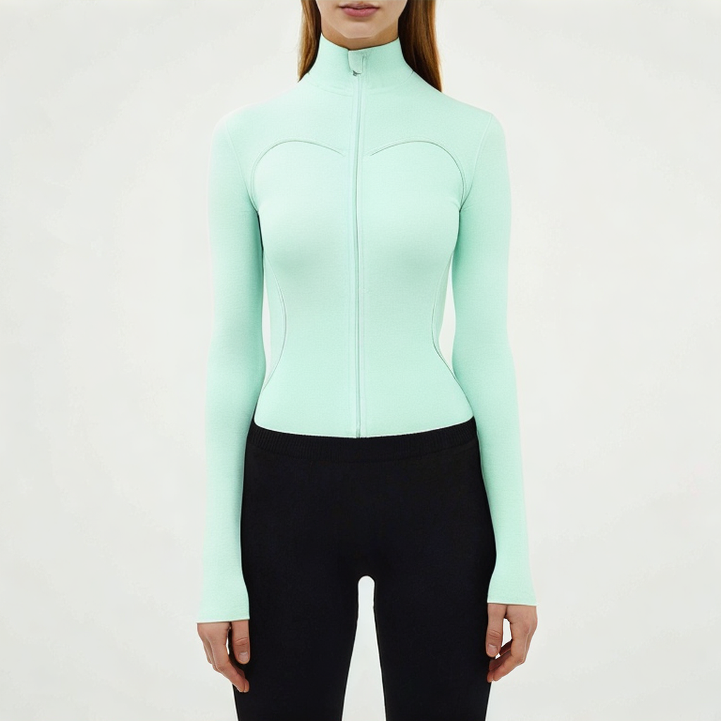 Solid color zipper women's tight long sleeve T-shirt