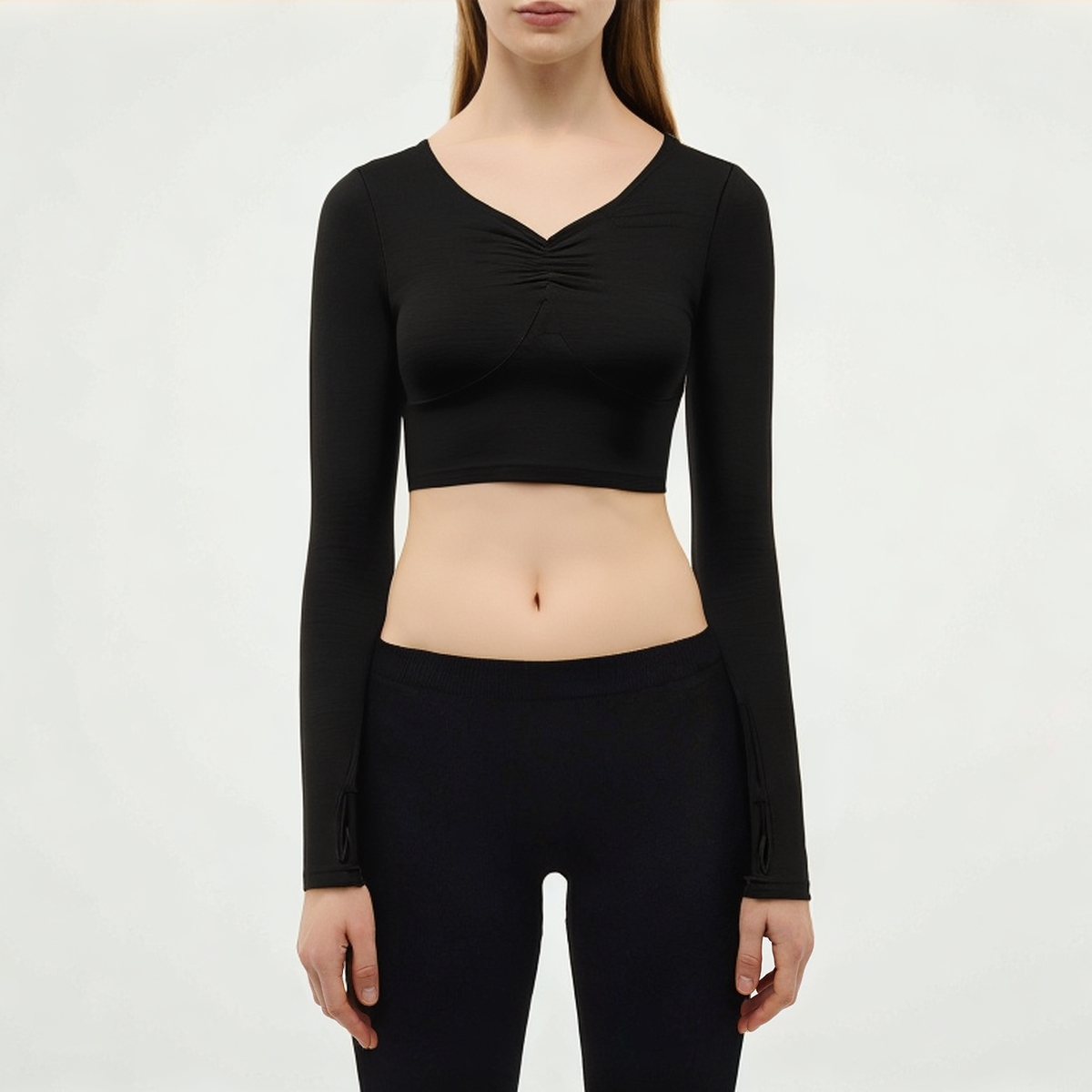 Black V-neck women's tight long-sleeved T-shirt