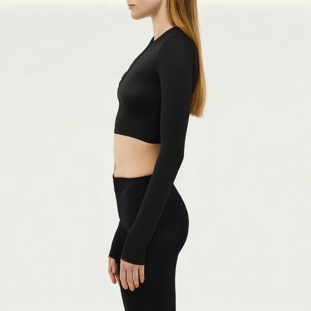 Black V-neck women's tight long-sleeved T-shirt