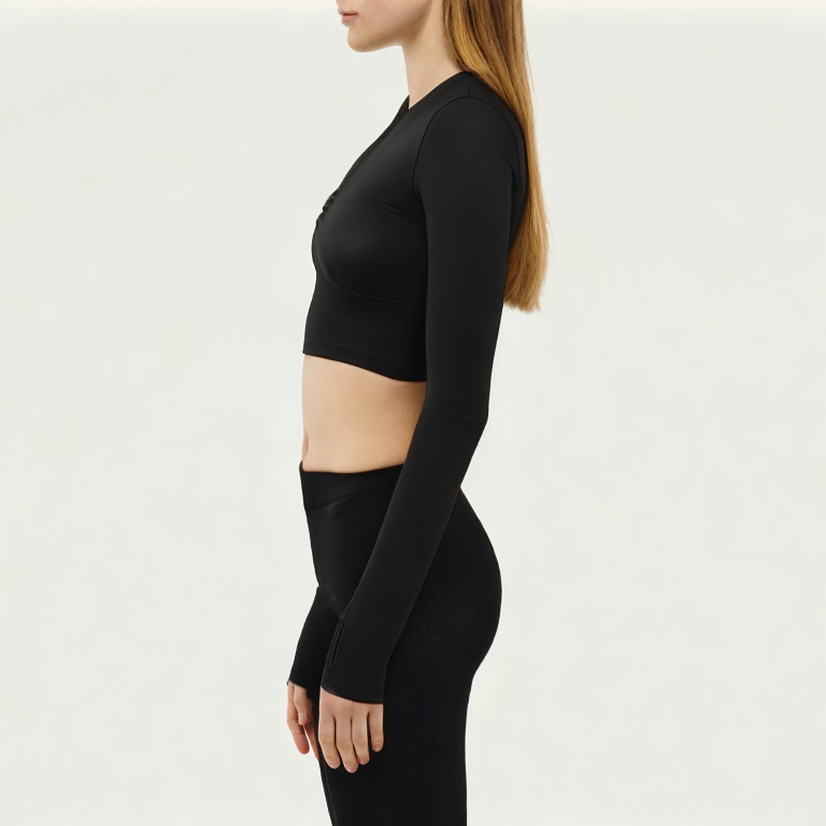 Black V-neck women's tight long-sleeved T-shirt