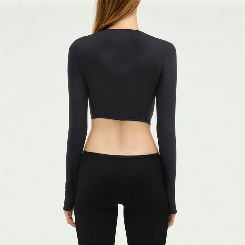 Black V-neck women's tight long-sleeved T-shirt