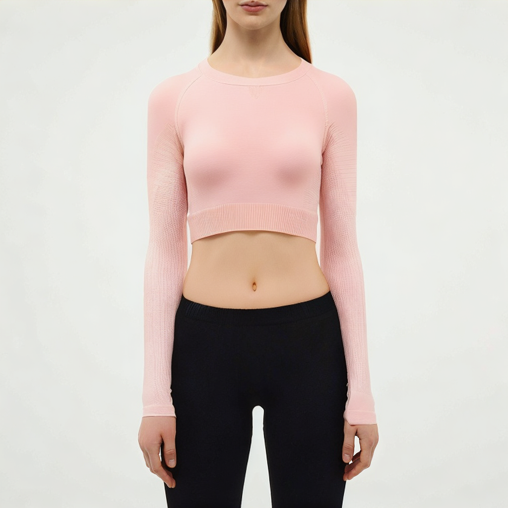 Pink seamless women's tight long sleeve T-shirt