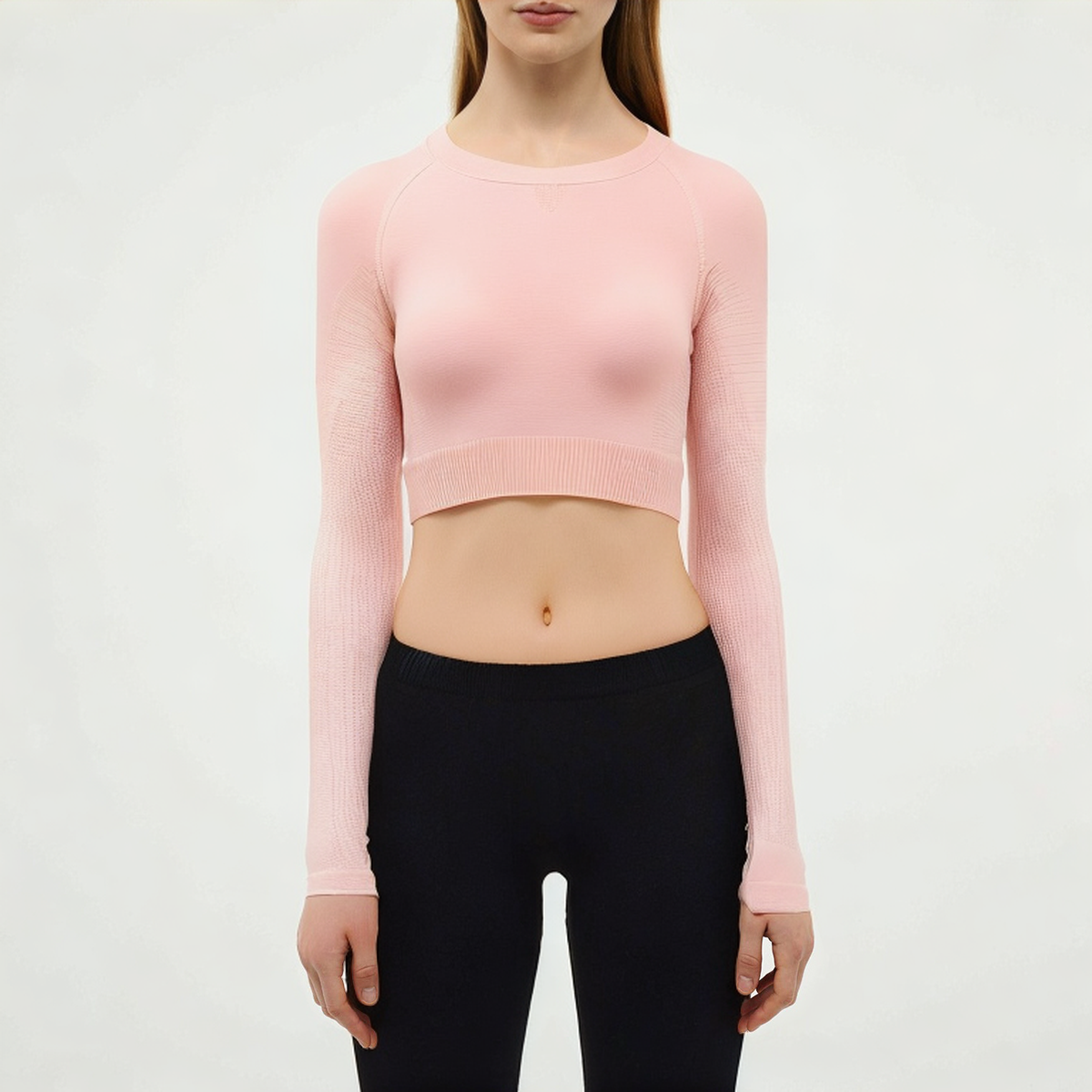 Pink seamless women's tight long sleeve T-shirt