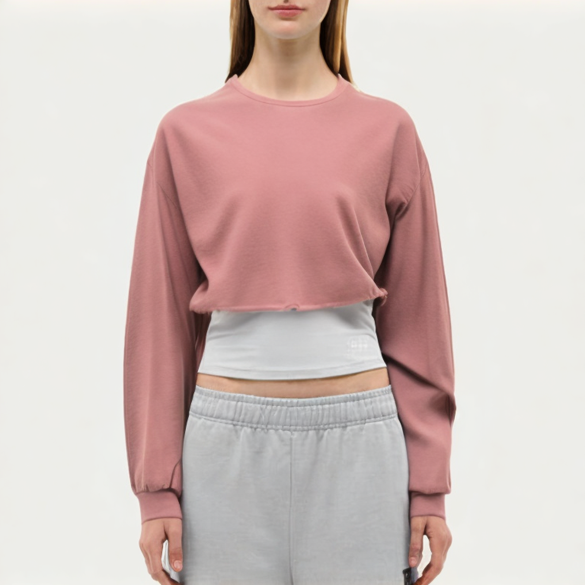 Pink cotton women's loose long-sleeved T-shirt