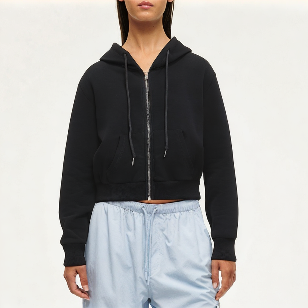 Black hooded women's sweatshirt jacket