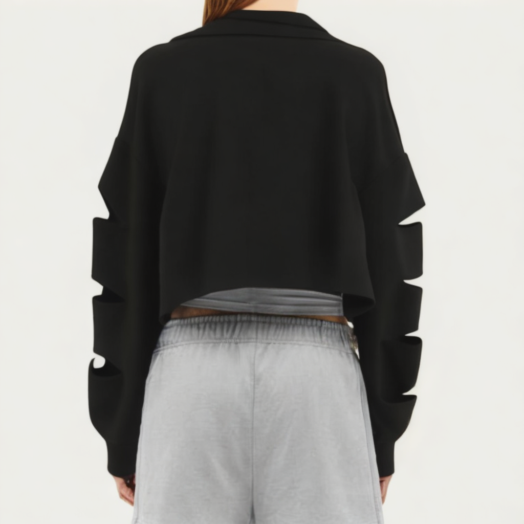 Black hollow ladies loose long-sleeved T-shirt